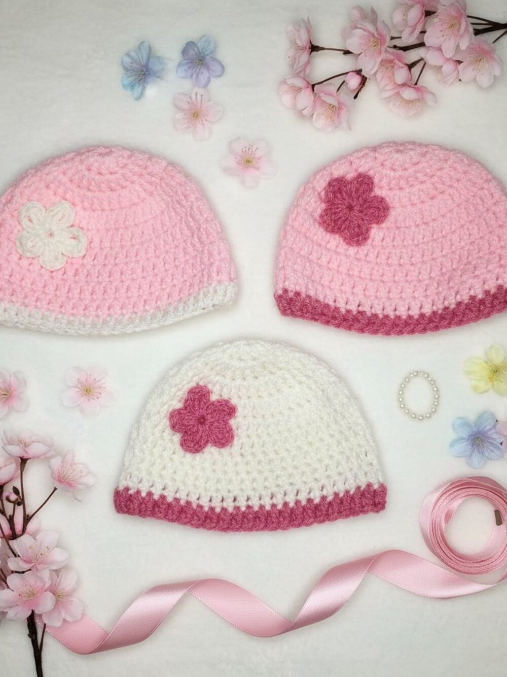 Petal Bloom Baby Beanie Set | Pink Newborn Baby Shower Gift Set | Baby Girl Hats